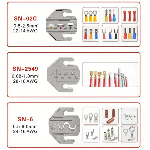 Crimping Tool Including 6 Crimping jaws.