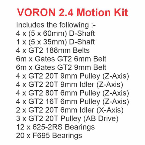 List of components included in a VORON 2.4 Motion Kit on a white background.